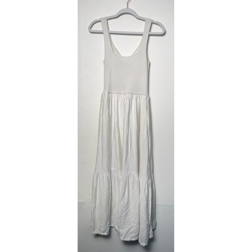 &merci White V-Neck Ribbed Knit Mixed Media Tiered Maxi Dress with Pockets M - Picture 8 of 8